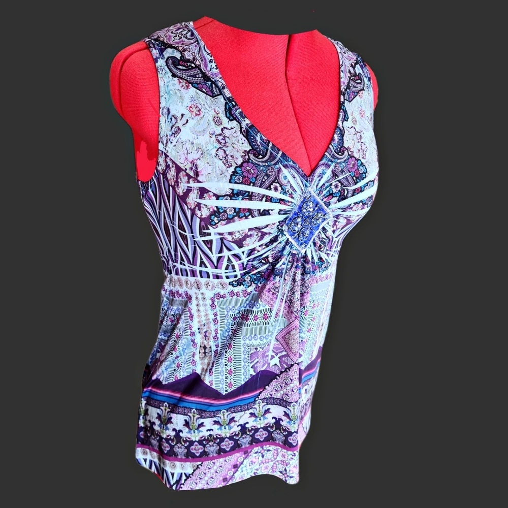 Apt. 9 Purple/Blue Beaded Sleevless V Neck Blouse or Dress - Picture 3 of 9